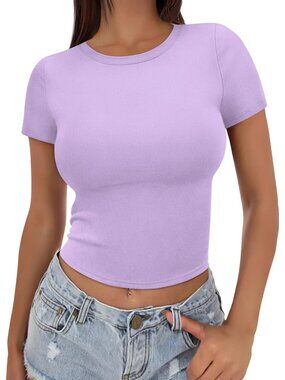 👑 Women's Purple Short Sleeve Summer Trendy Tight Slim Fit T Shirt Cropped Tops